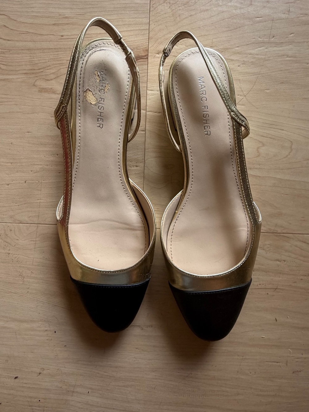 Marc Fisher Metallic Gold Slingback Mules with Black Cap Toe